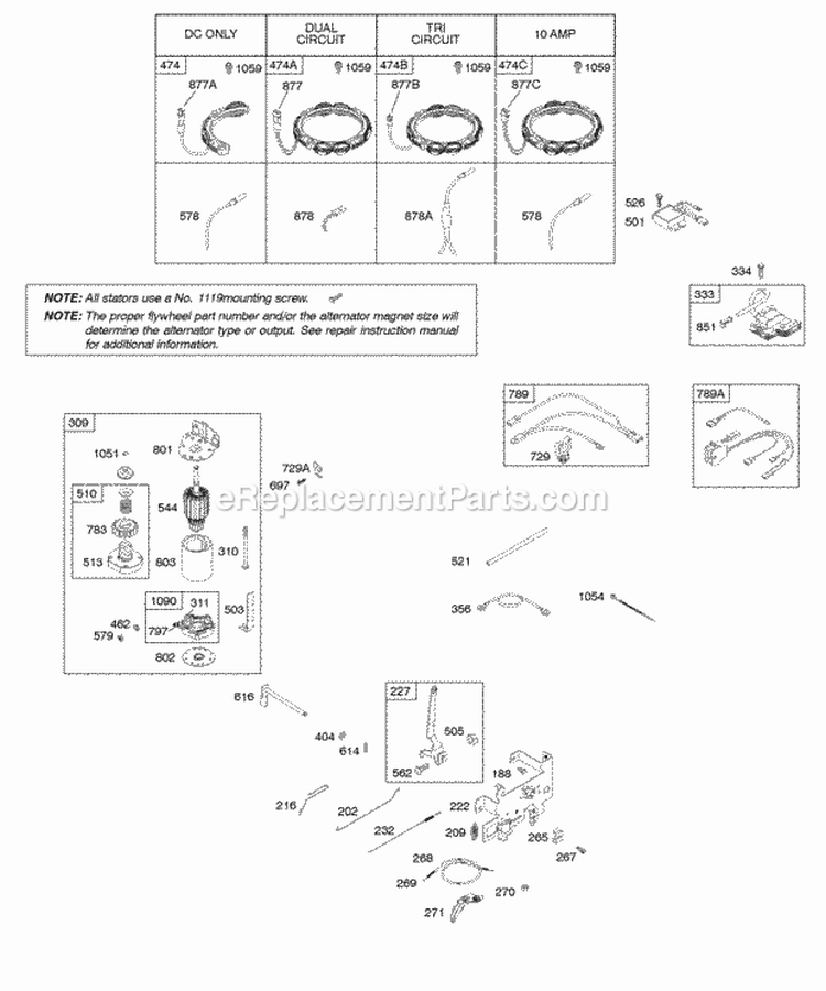 Alternator Controls Electric Starter Governor Spring Ignition Diagram and Parts List for 284H77-0123-B1  Briggs and Stratton Engine